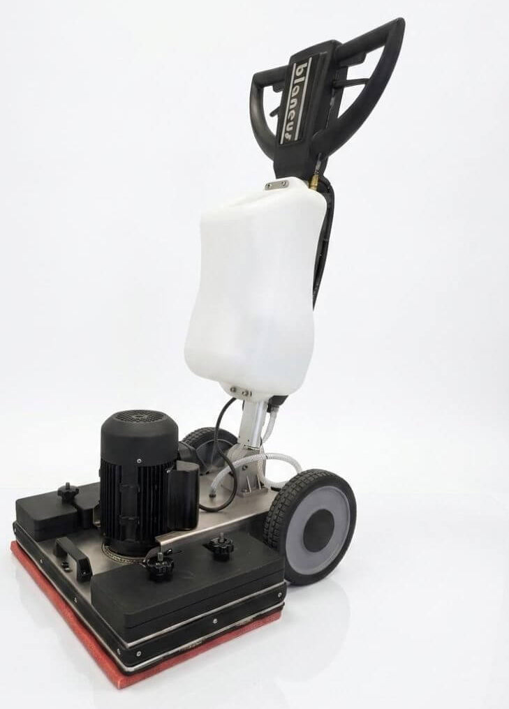 Front side view of white floor buffer orbital cleaning and polishing machine by brand Blancus, model q55-35e. 
