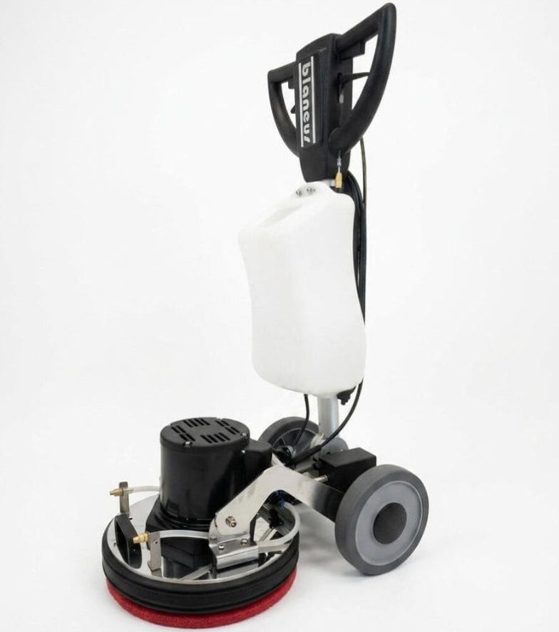 Front side view of white floor buffer orbital floor machine by brand Blancus, model Quake 17 Q17.
