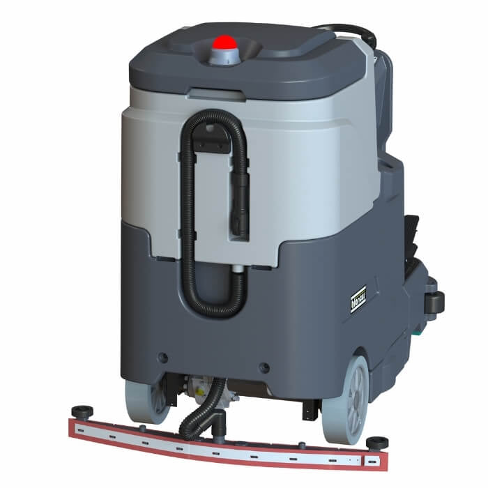 Back view of scrubber dryer ride on floor cleaning machine by brand Blancus, model 85B.