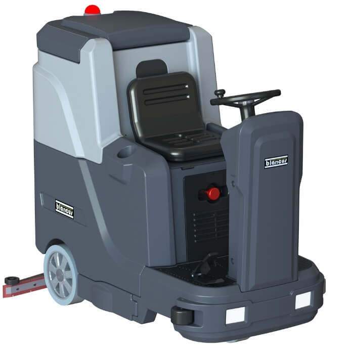 Front side view of scrubber dryer ride on floor cleaning machine by brand Blancus, model 85B.