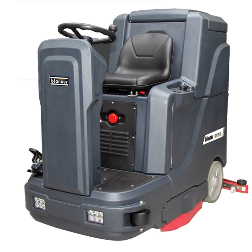 Front side view of scrubber dryer ride on floor cleaning machine by brand Blancus, model 85B.