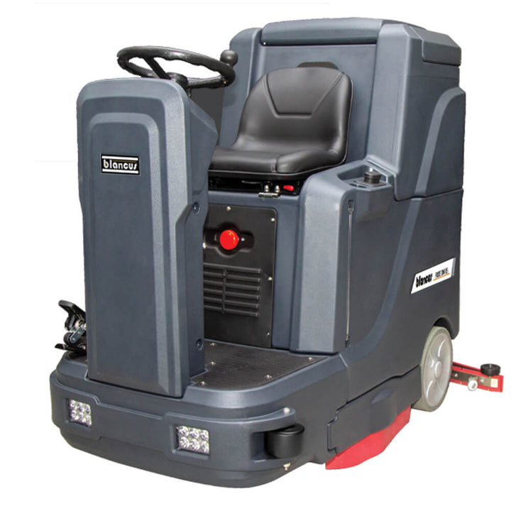 Front side view of scrubber dryer ride on floor cleaning machine by brand Blancus, model 85B.