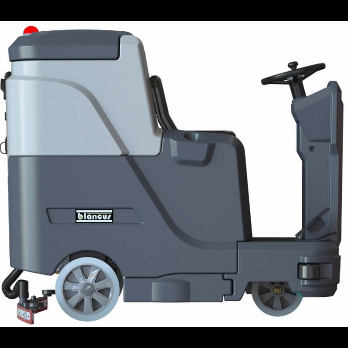 Right side view of scrubber dryer ride on floor cleaning machine by brand Blancus, model 85B.