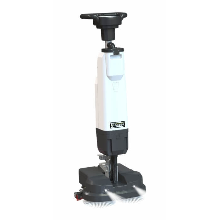 Front view of white and grey scrubber dryer with mop by brand Blancus, and model Blancus 40.