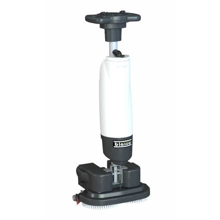 Front side view of white and grey scrubber dryer by brand Blancus, model Blancus 45.