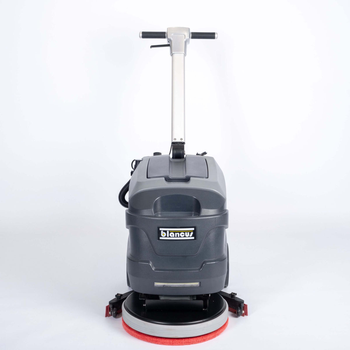 Front view of grey scrubber dyer walk behind by brand Blancus, model Blancus SC380E.