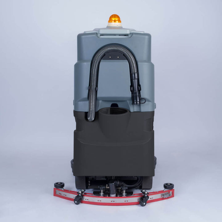 Back view of black and grey ride-on scrubber dryer by brand Blancus, model D8.