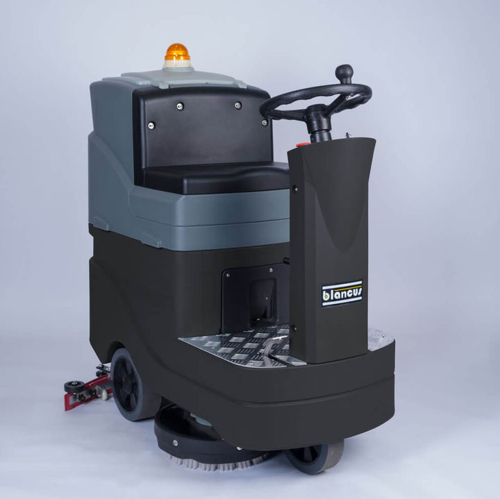 Front side view of black and grey ride-on scrubber dryer by brand Blancus, model D8.