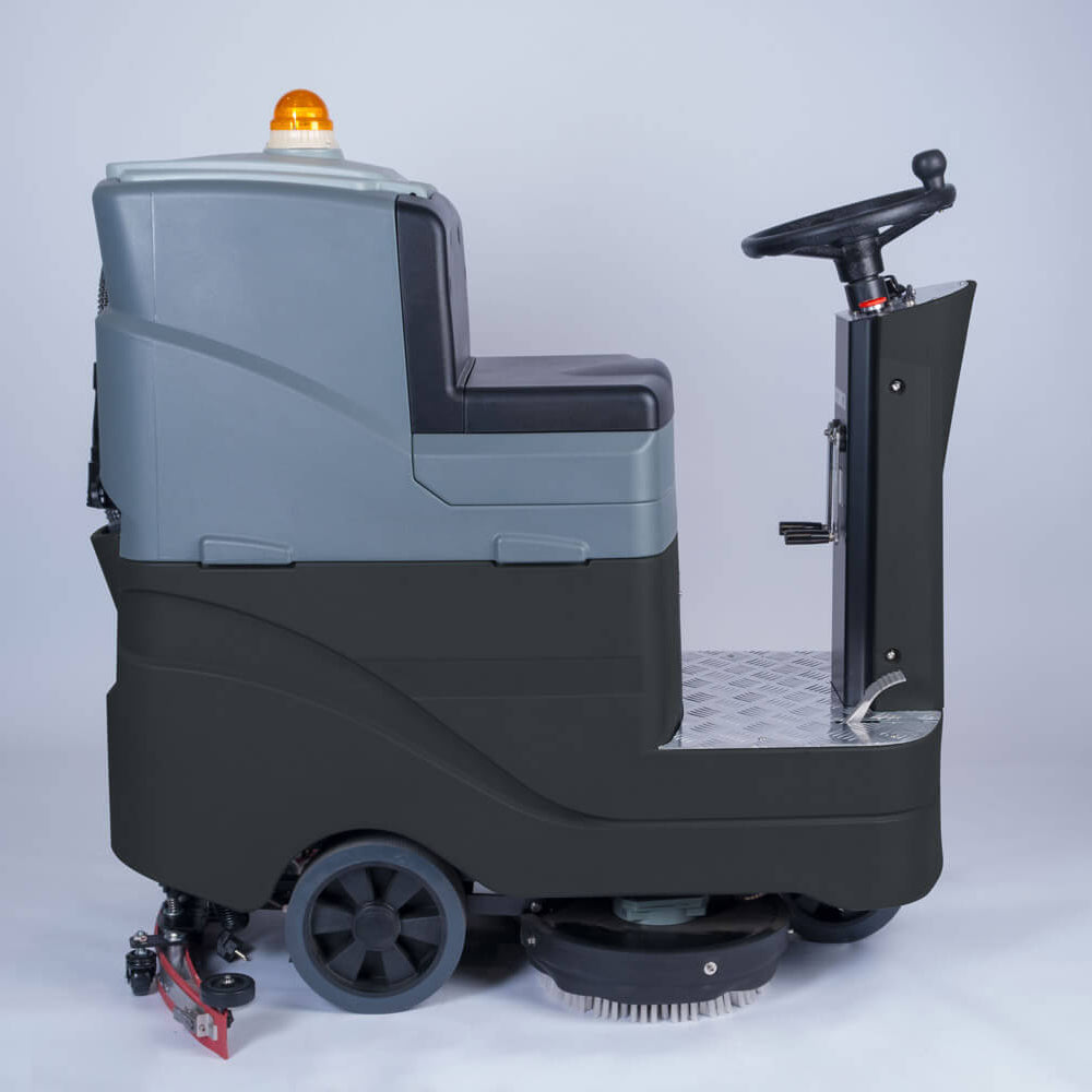 Right side view of black and grey ride-on scrubber dryer by brand Blancus, model D8.