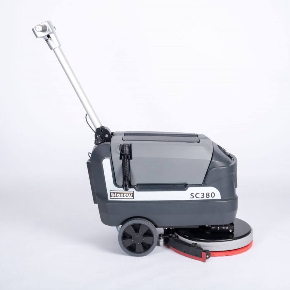Right side view of grey scrubber dryer walk behind by brand Blancus, model SC380B.