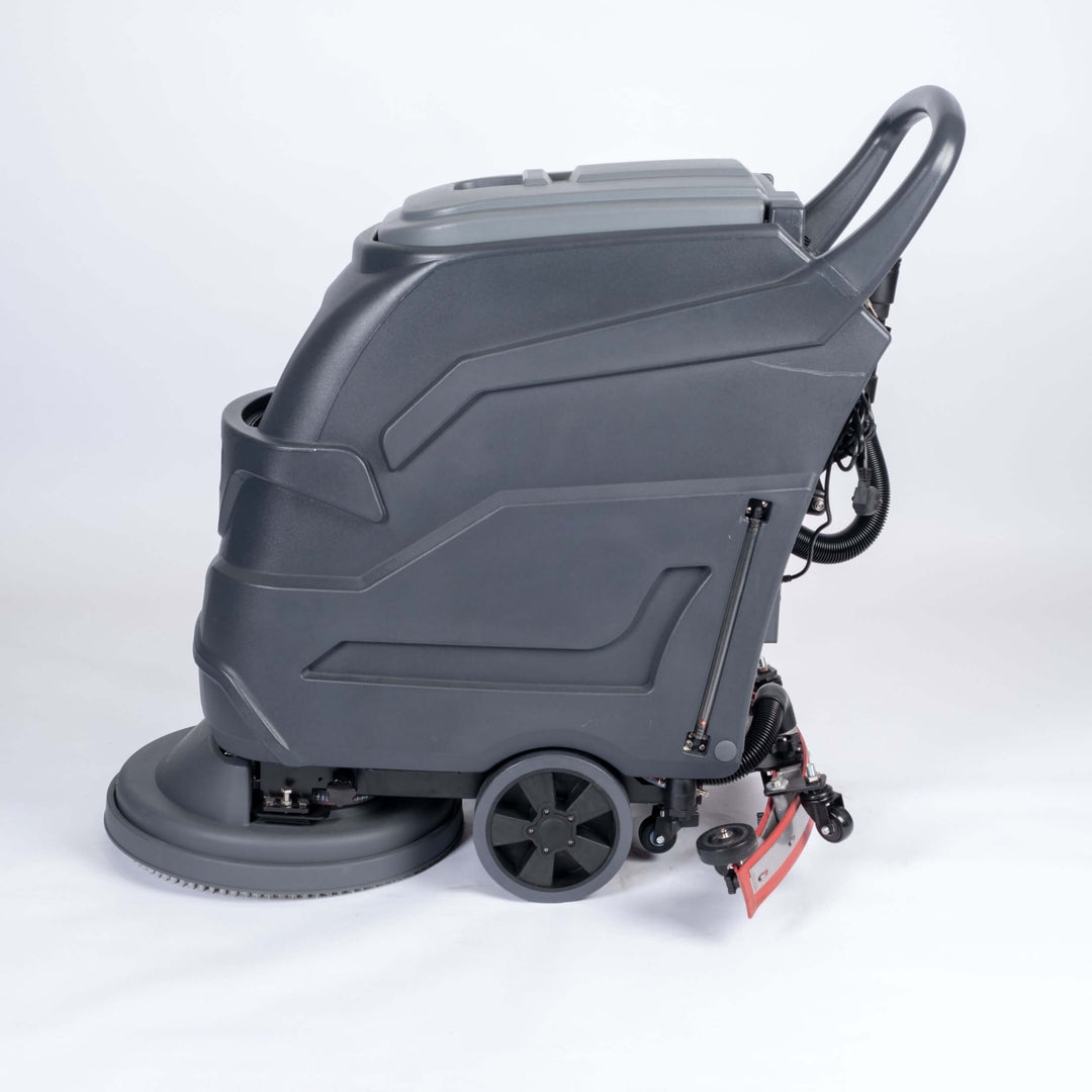 Left side view of grey scrubber dryer walk behind by brand Blancus, model SC4500E.