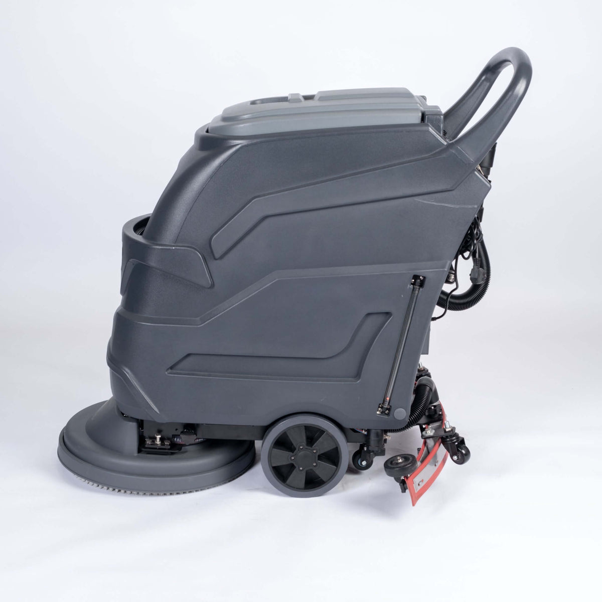 Left side view of grey scrubber dryer walk behind by brand Blancus, model SC4500E.