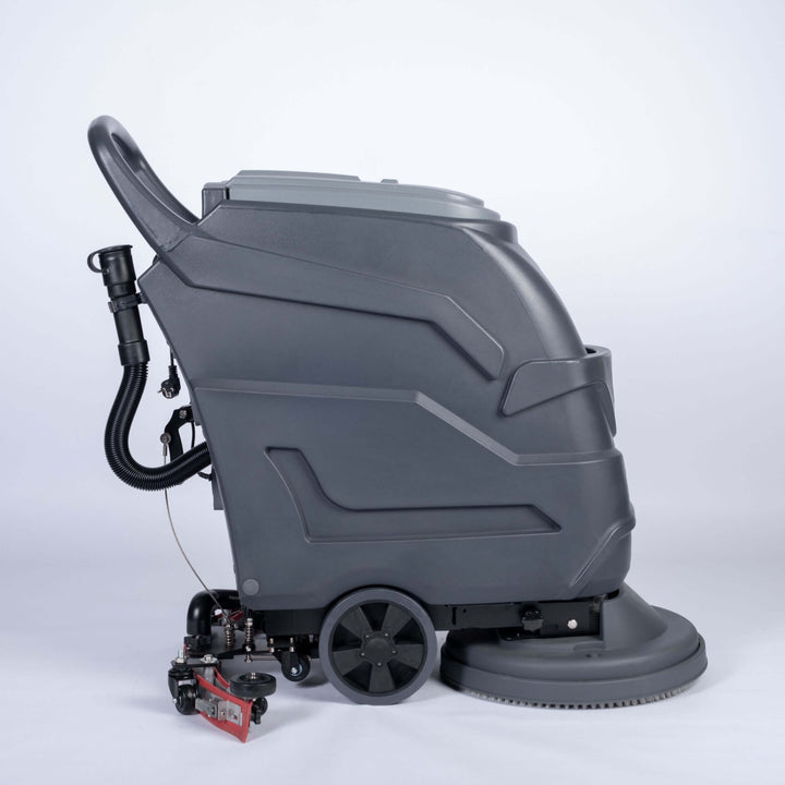 Right side view of grey scrubber dryer walk behind by brand Blancus, model SC4500E.