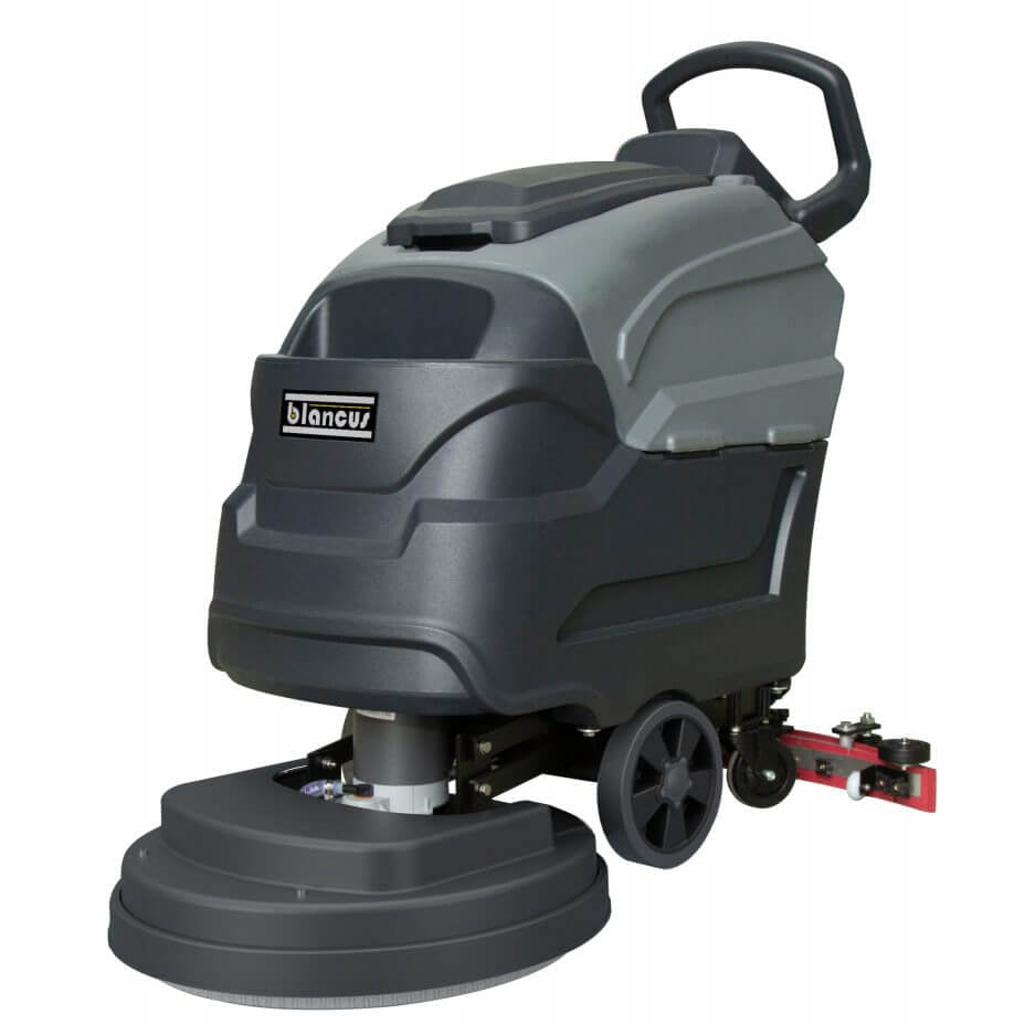 Front side view of grey scrubber dryer walk behind by brand Blancus, model SC5100B.