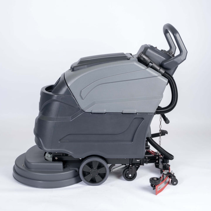 Left side view of grey scrubber dryer walk behind by brand Blancus, model SC5100B.