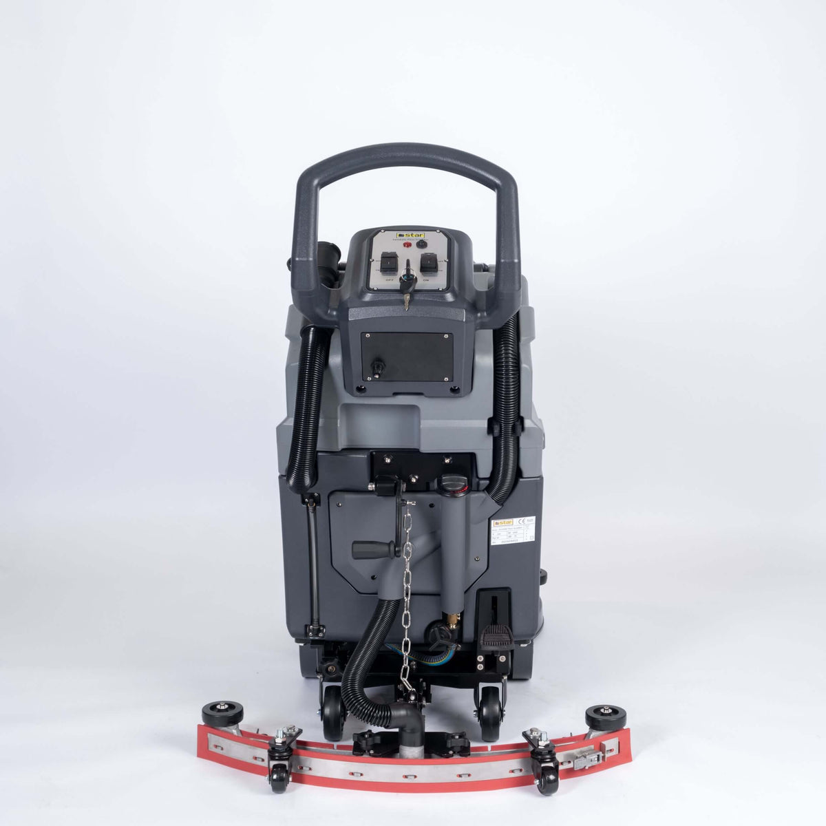 Back view of grey scrubber dryer walk behind by brand Blancus, model SC5100E.
