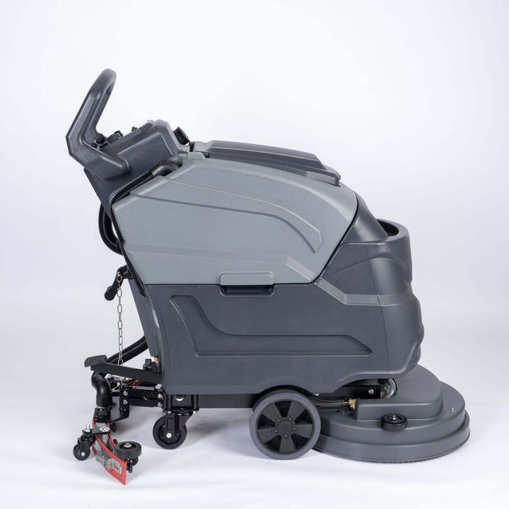 Right side view of grey scrubber dryer walk behind by brand Blancus, model SC5100E.