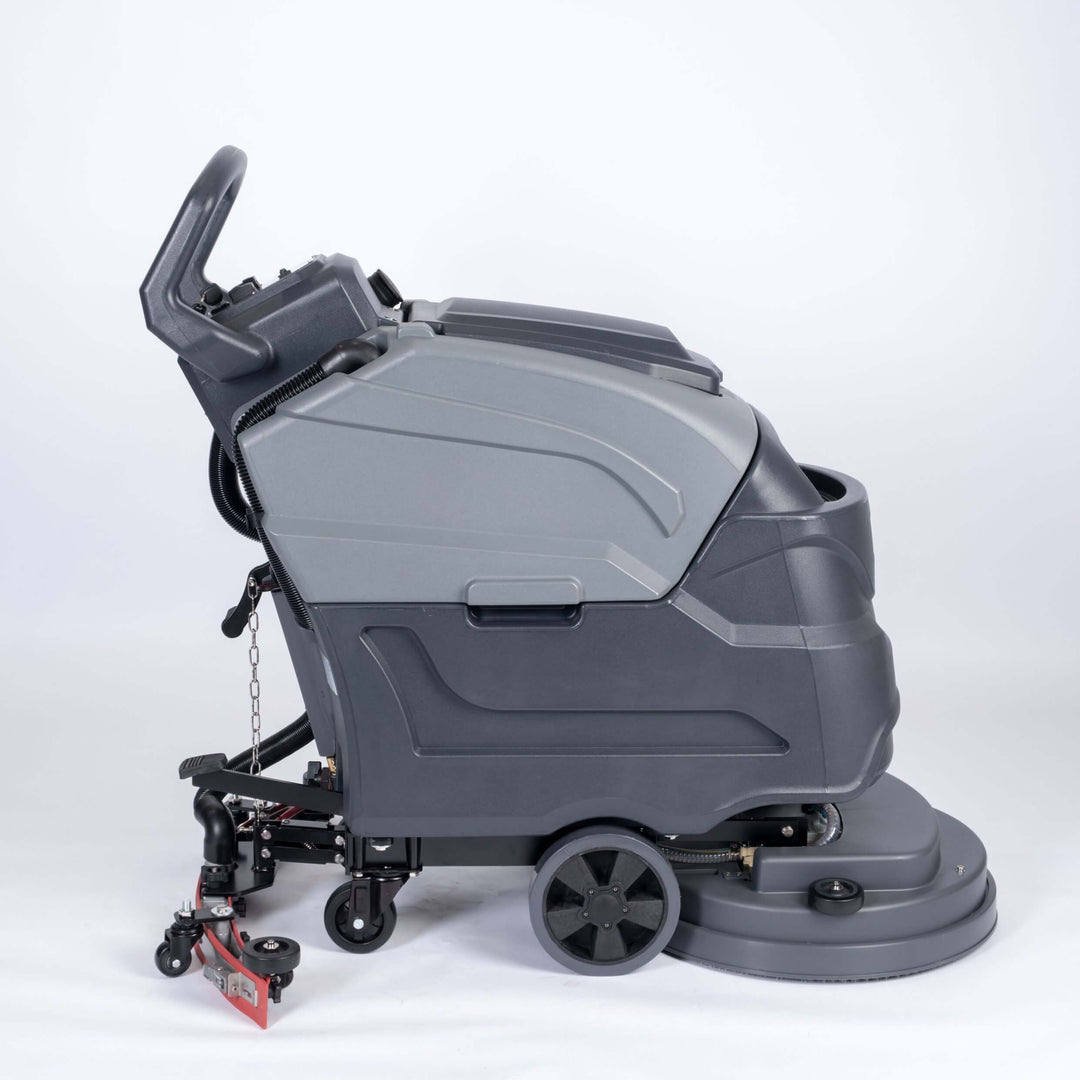 Right side view of grey scrubber dryer walk behind by brand Blancus, model SC5100E.