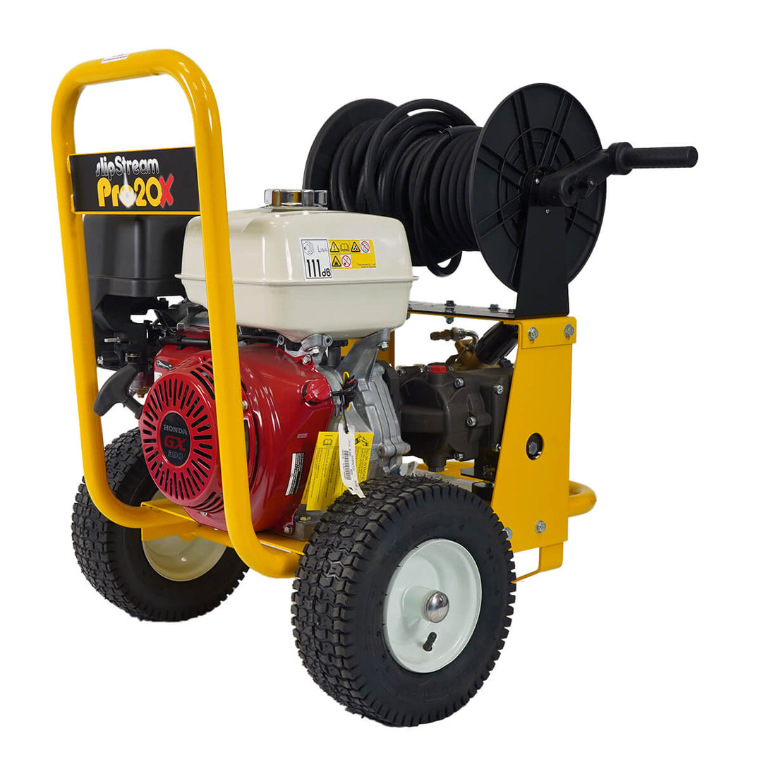 Front side view of yellow and black pressure washer by brand SkyVac, model SlipStream Pro 21X, engine brand Honda.