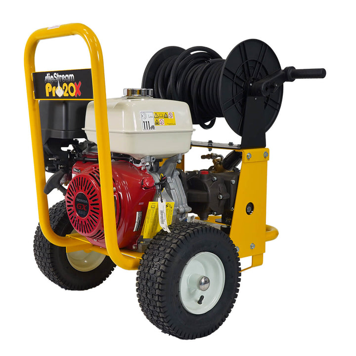 Front side view of yellow and black pressure washer by brand SkyVac, model SlipStream Pro 21X, engine brand Honda.