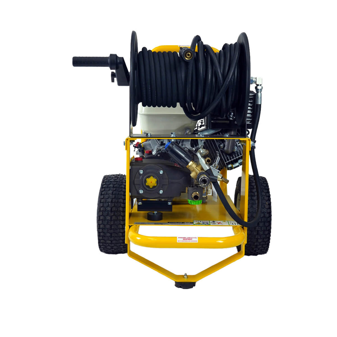 Back view of yellow and black pressure washer by brand SkyVac, model SlipStream Pro 21X, engine brand Honda.