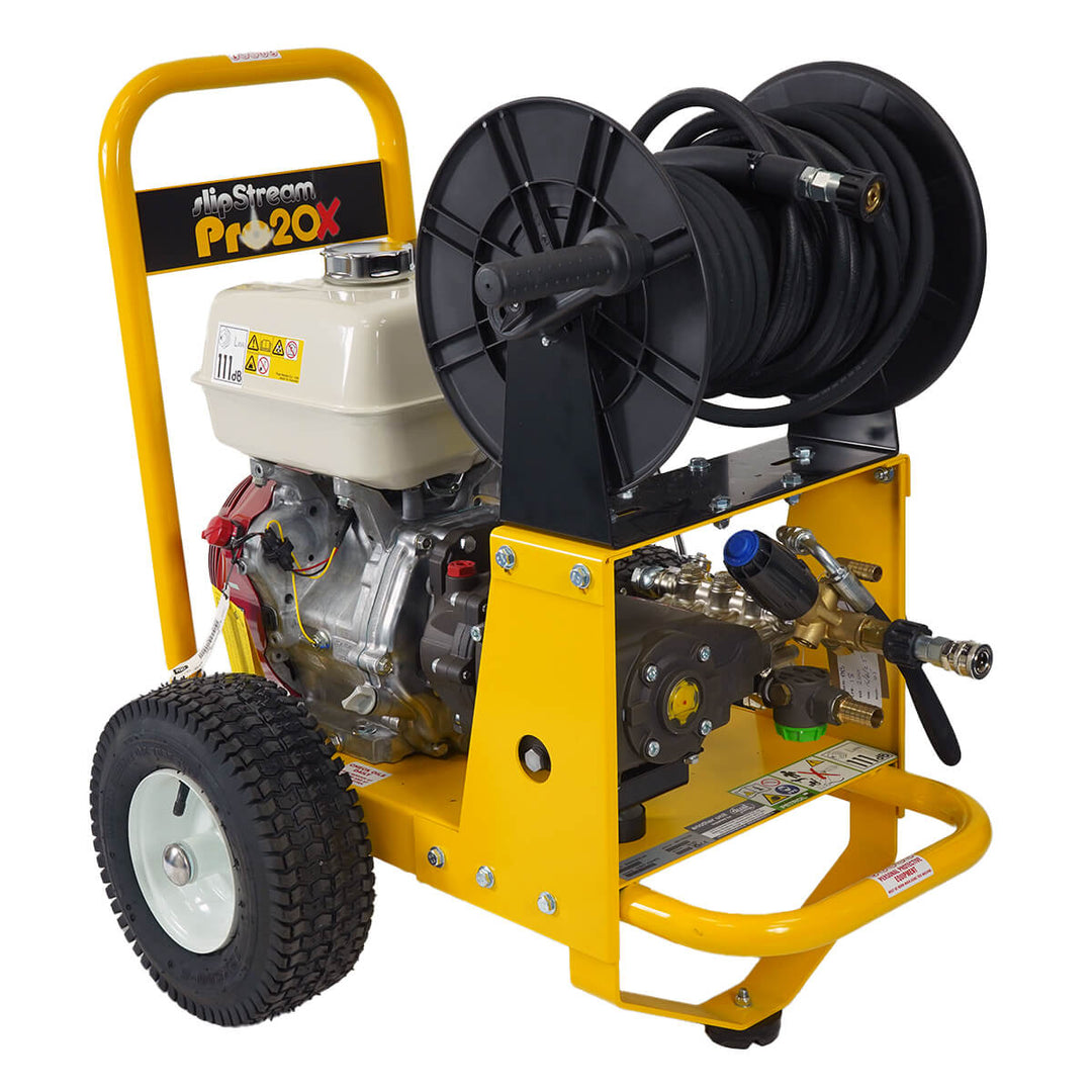side view of yellow and black pressure washer by brand SkyVac, model SlipStream Pro 21X, engine brand Honda.