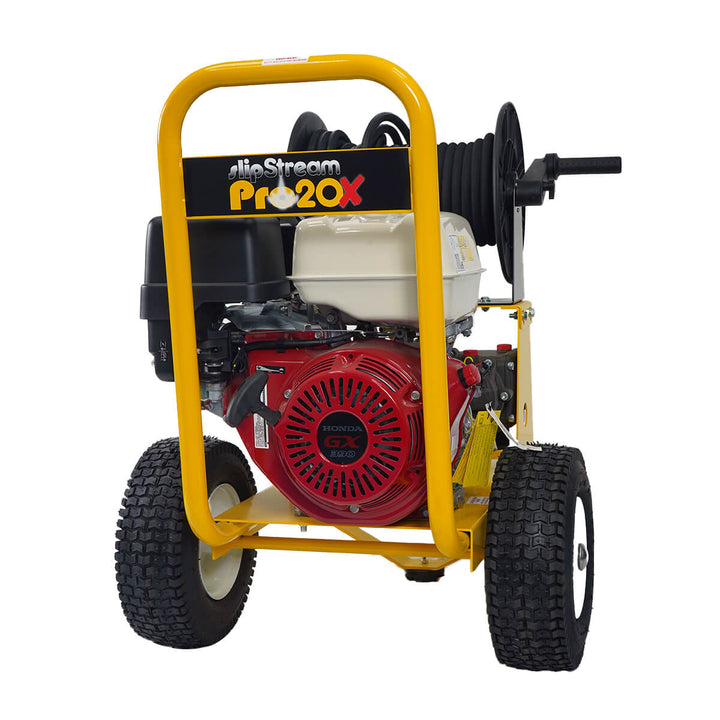 Front view of yellow and black pressure washer by brand SkyVac, model SlipStream Pro 21X, engine brand Honda.