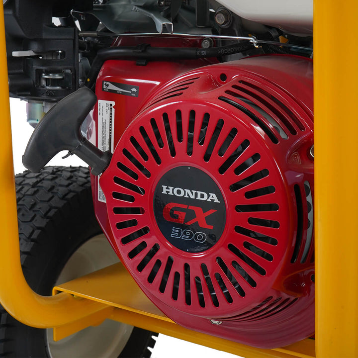 Close up view of red Honda engine that belongs to pressure washer by brand SkyVac, model SlipStream Pro 21X.