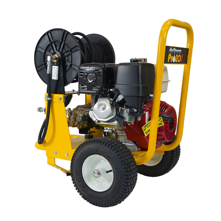 Left side view of yellow and black pressure washer by brand SkyVac, model SlipStream Pro 21X, engine brand Honda.
