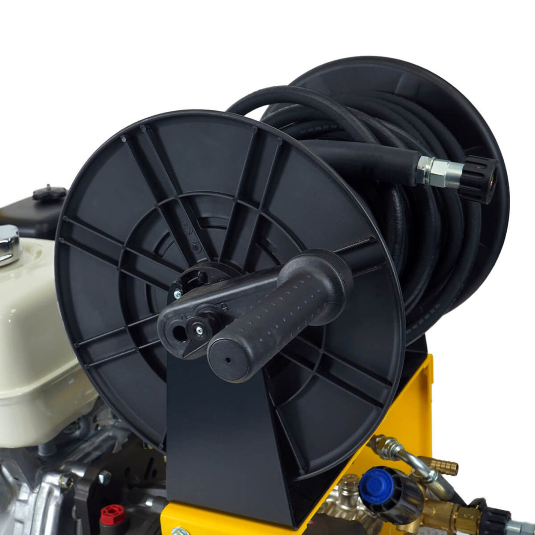 Front side view of yellow and black pressure washer with hose reel by brand SkyVac, model SlipStream Pro 21X, engine brand Honda.