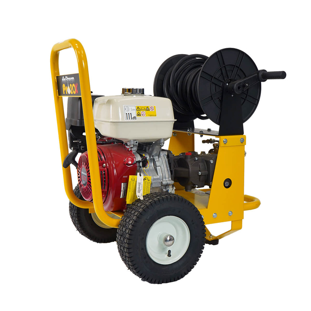 Right side view of yellow and black pressure washer by brand SkyVac, model SlipStream Pro 21X, engine brand Honda.