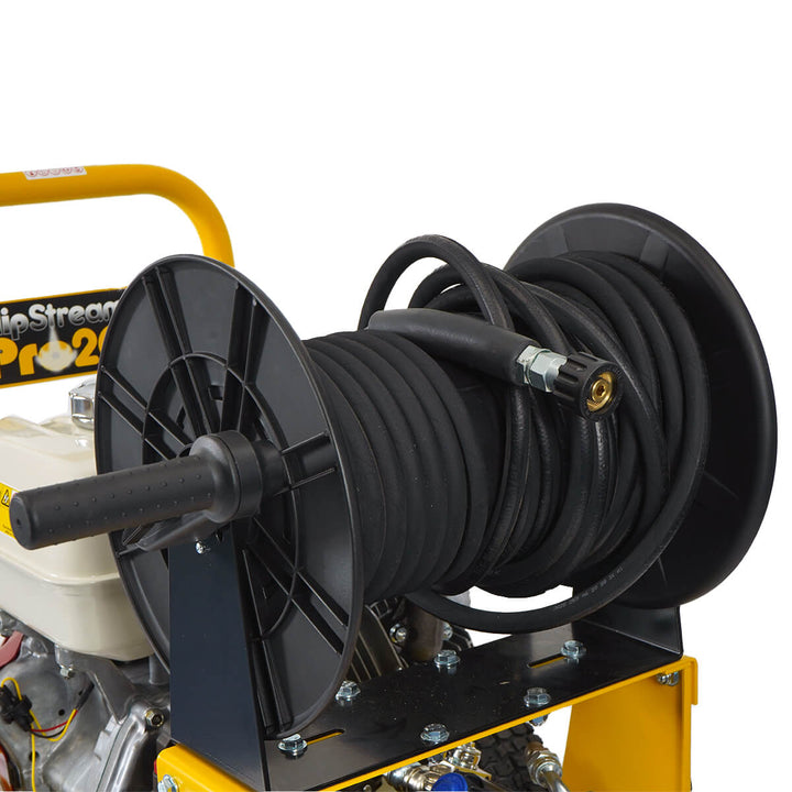 Close up of hose reel belonging to yellow and black pressure washer by brand Skyvac, model SlimStream Pro 20, and engine Honda.