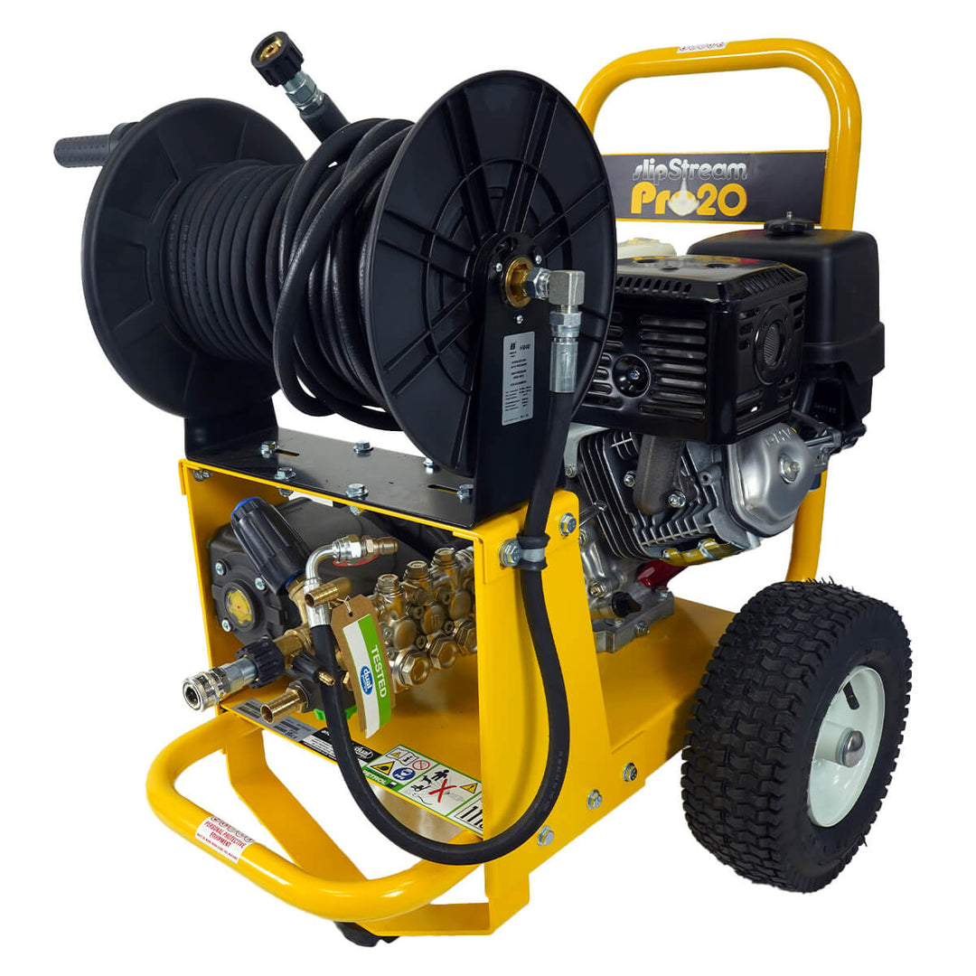 Front side view of yellow and black pressure washer with hose reel by brand Skyvac, model SlimStream Pro 20, and engine Honda.
