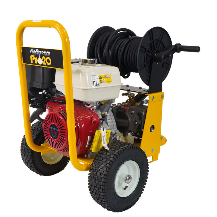 Front side view of yellow and black pressure washer with hose reel by brand Skyvac, model SlimStream Pro 20.