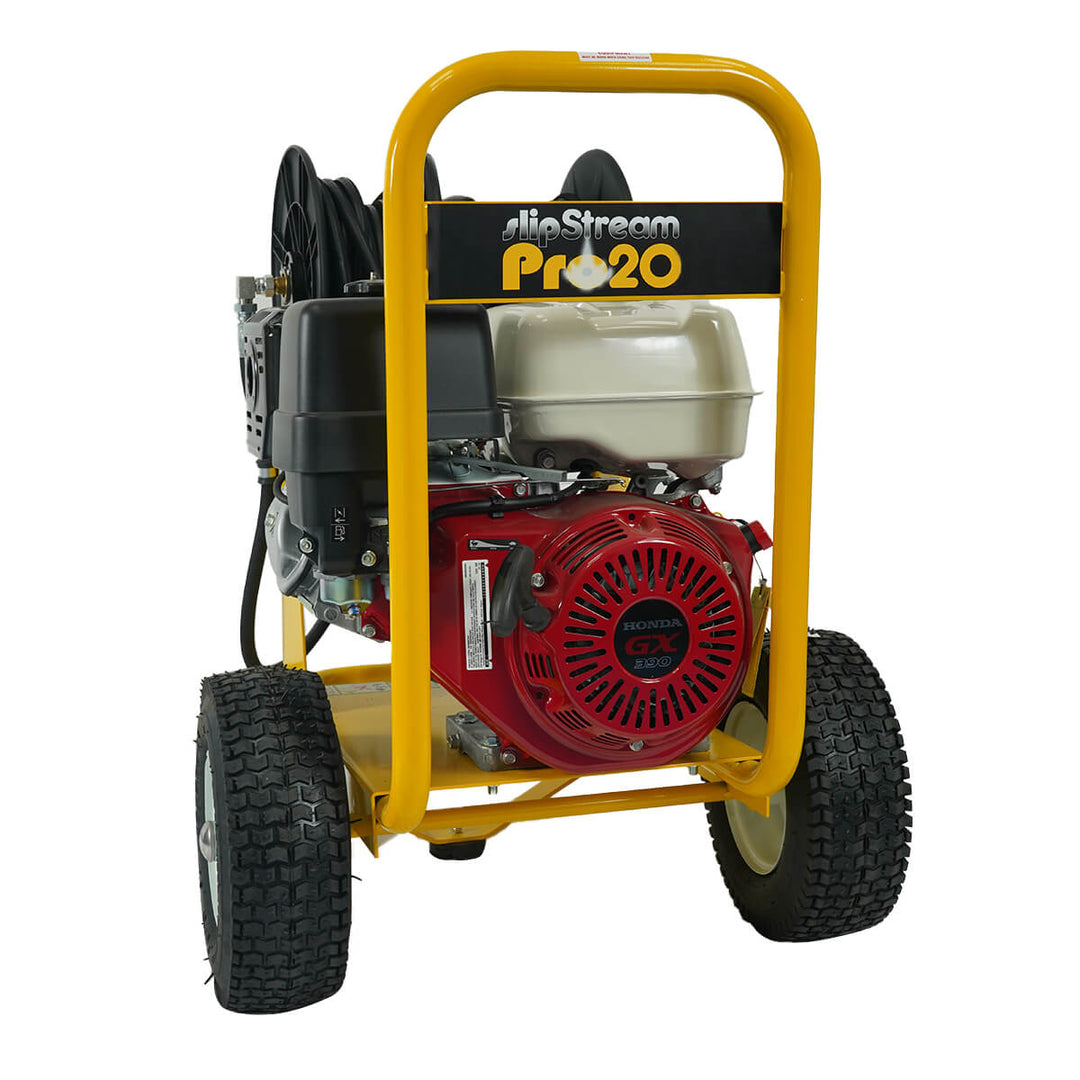 Front of yellow and black pressure washer with hose reel by brand Skyvac, model SlimStream Pro 20, and engine Honda.