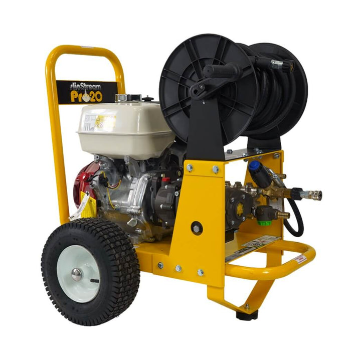 Right side of yellow and black pressure washer with hose reel by brand Skyvac, model SlimStream Pro 20, and engine Honda.