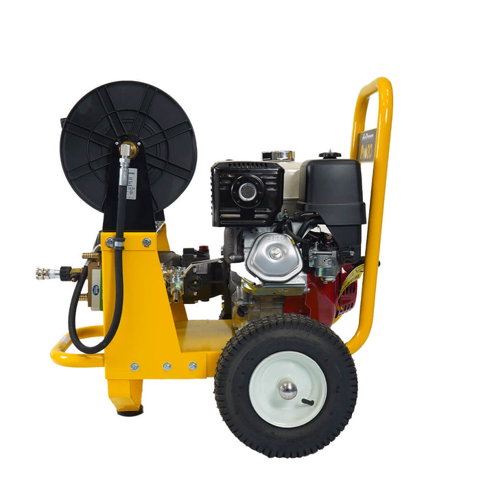 Side view of yellow and black pressure washer with hose reel by brand Skyvac, model SlimStream Pro 20, and engine Honda.