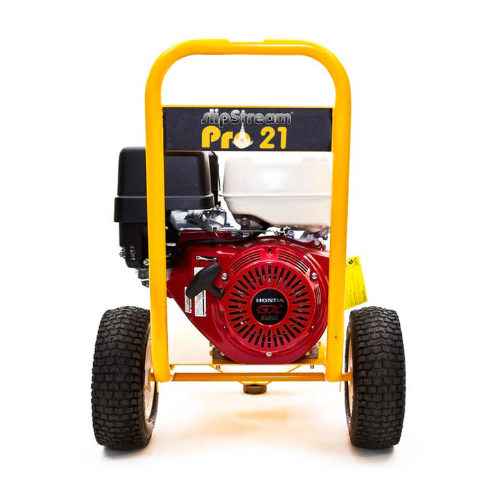 Back view of yellow and black pressure washer by brand Skyvac, model SlipStream Pro 21.