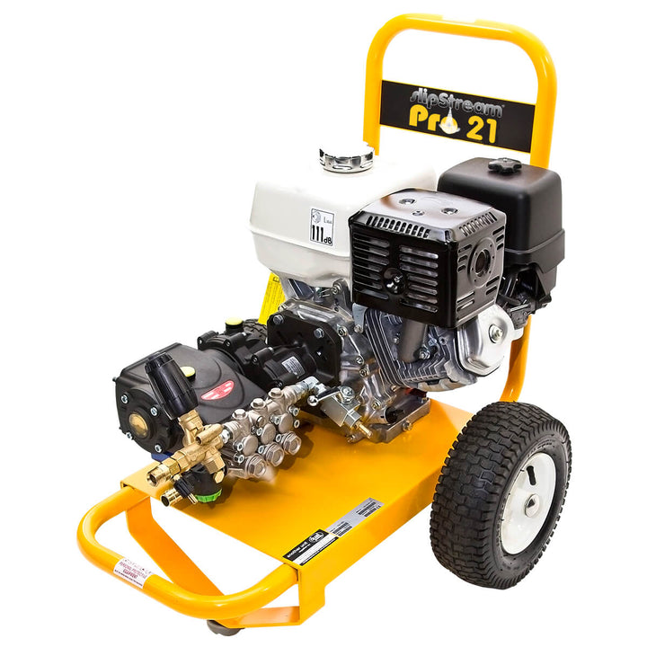 Front side view of yellow and black pressure washer by brand Skyvac, model SlipStream Pro 21.