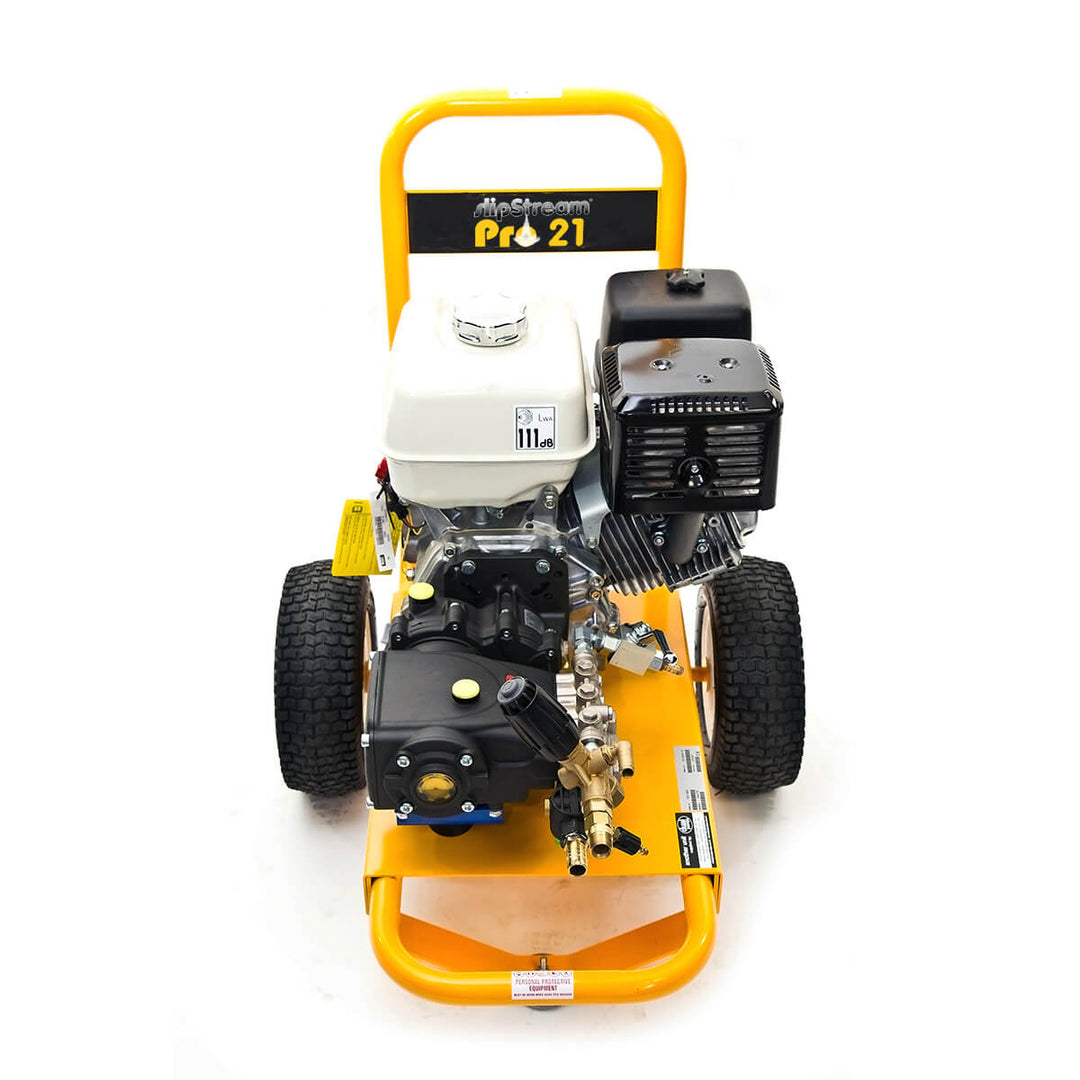 Front view of yellow and black pressure washer by brand Skyvac, model SlipStream Pro 21.