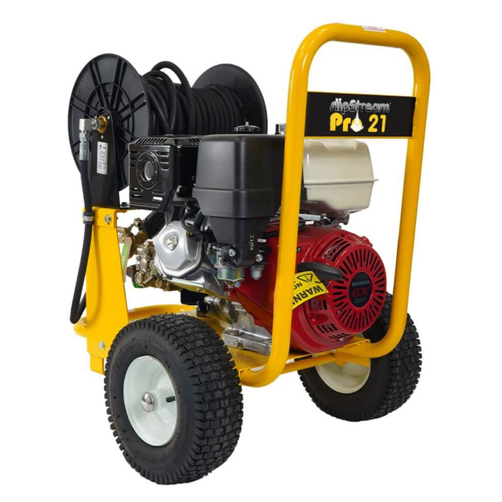 Side view of yellow and black pressure washer with hose by brand SkyVacm model SlipStream, and engine Honda.