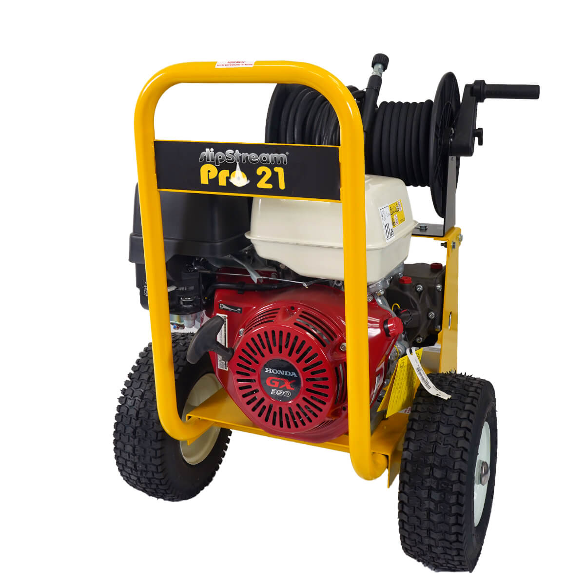 Front side view of yellow and black pressure washer with hose by brand SkyVacm model SlipStream, and engine Honda.