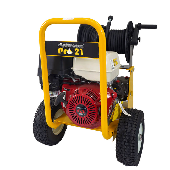Front side view of yellow and black pressure washer with hose by brand SkyVacm model SlipStream, and engine Honda.