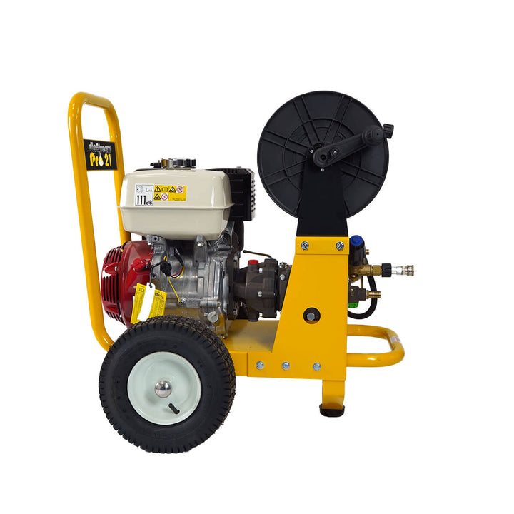 Left side view of yellow and black pressure washer by brand SkyVacm model SlipStream, and engine Honda.