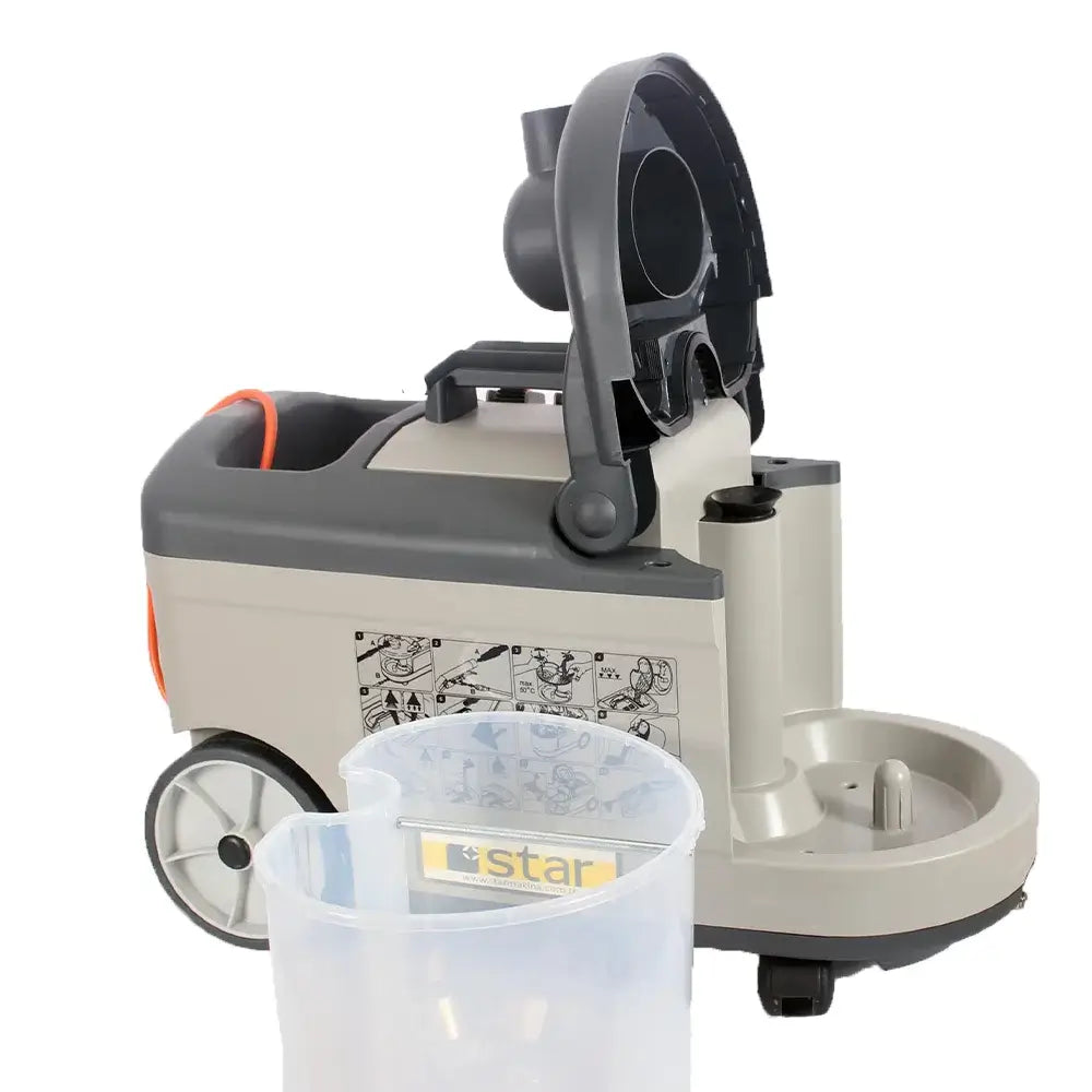 Open case with dust collector out from grey carpet cleaner and sofa cleaning machine by brand Star, model Combo 10/1.
