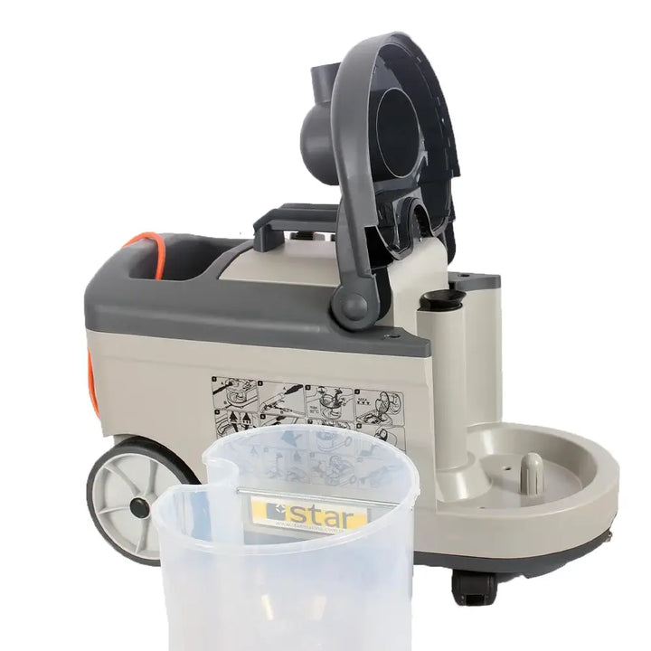 Open case with dust collector out from grey carpet cleaner and sofa cleaning machine by brand Star, model Combo 10/1.