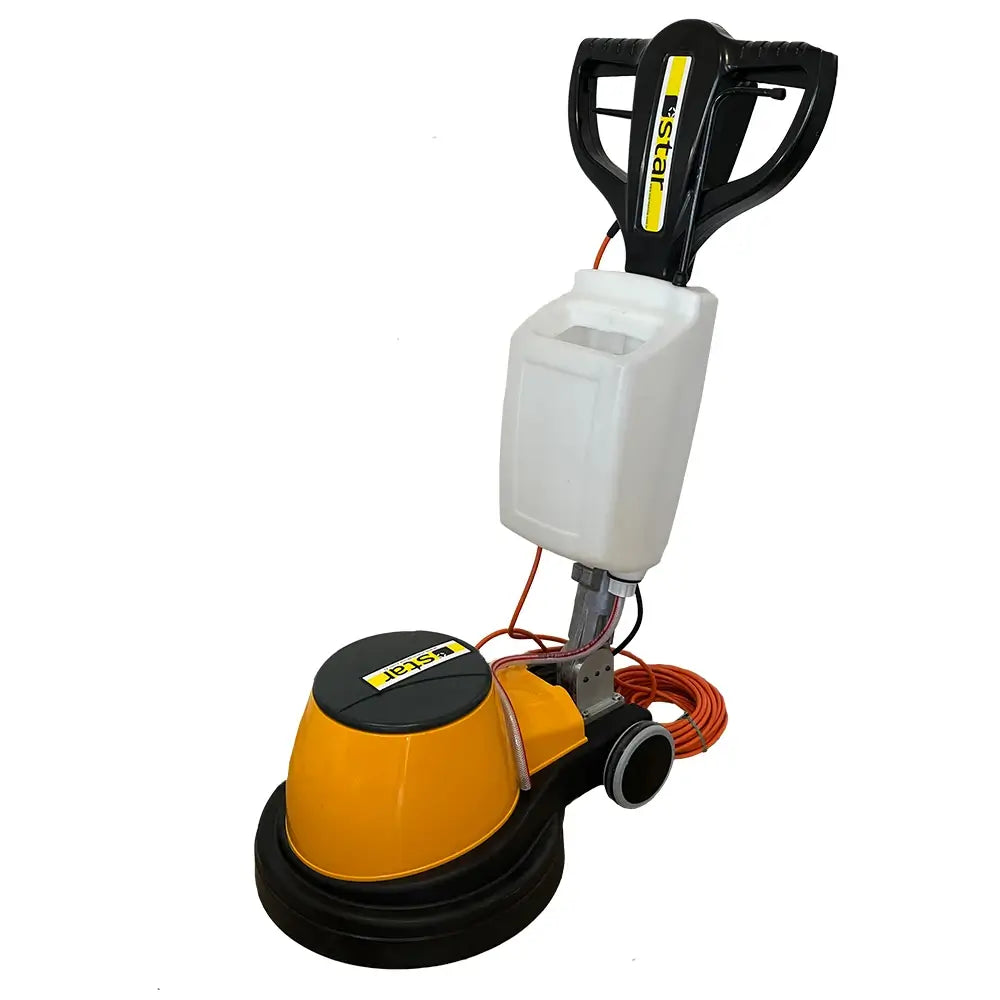Front left side view of Yellow, black, and white floor buffer polishing cleaning machine by brand Star, model C43.