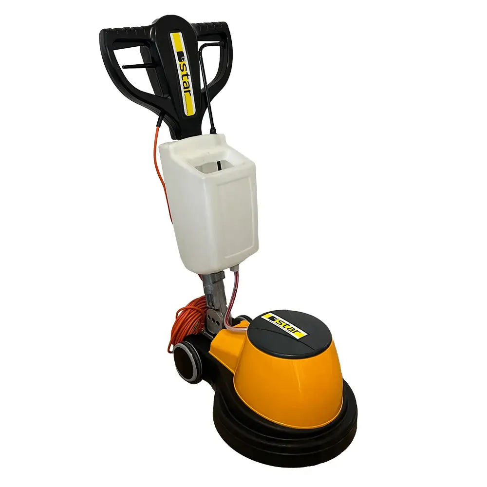 Front right side view of Yellow, black, and white floor buffer polishing cleaning machine by brand Star, model C43.