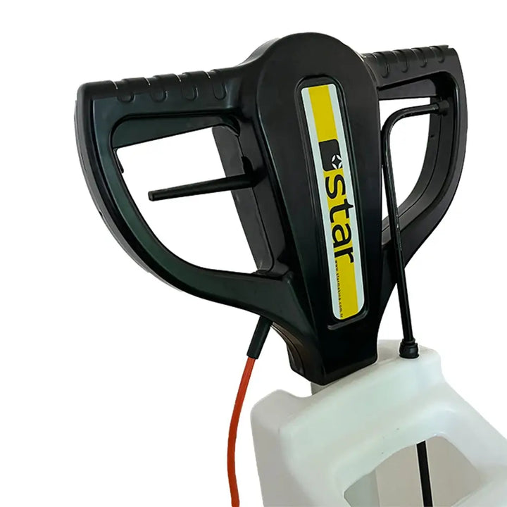 Handles belonging to Yellow, black, and white floor buffer polishing cleaning machine by brand Star, model C43.