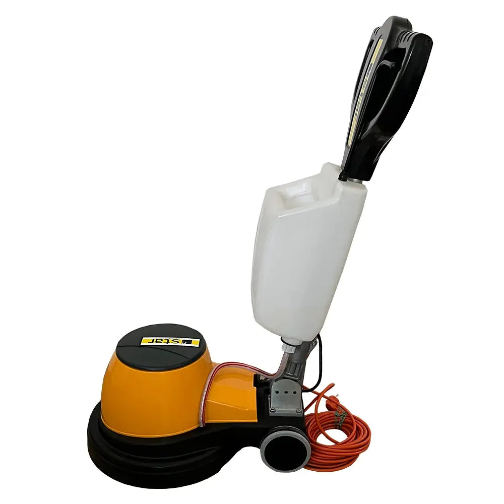 Left side view of Yellow, black, and white floor buffer polishing cleaning machine by brand Star, model C43.